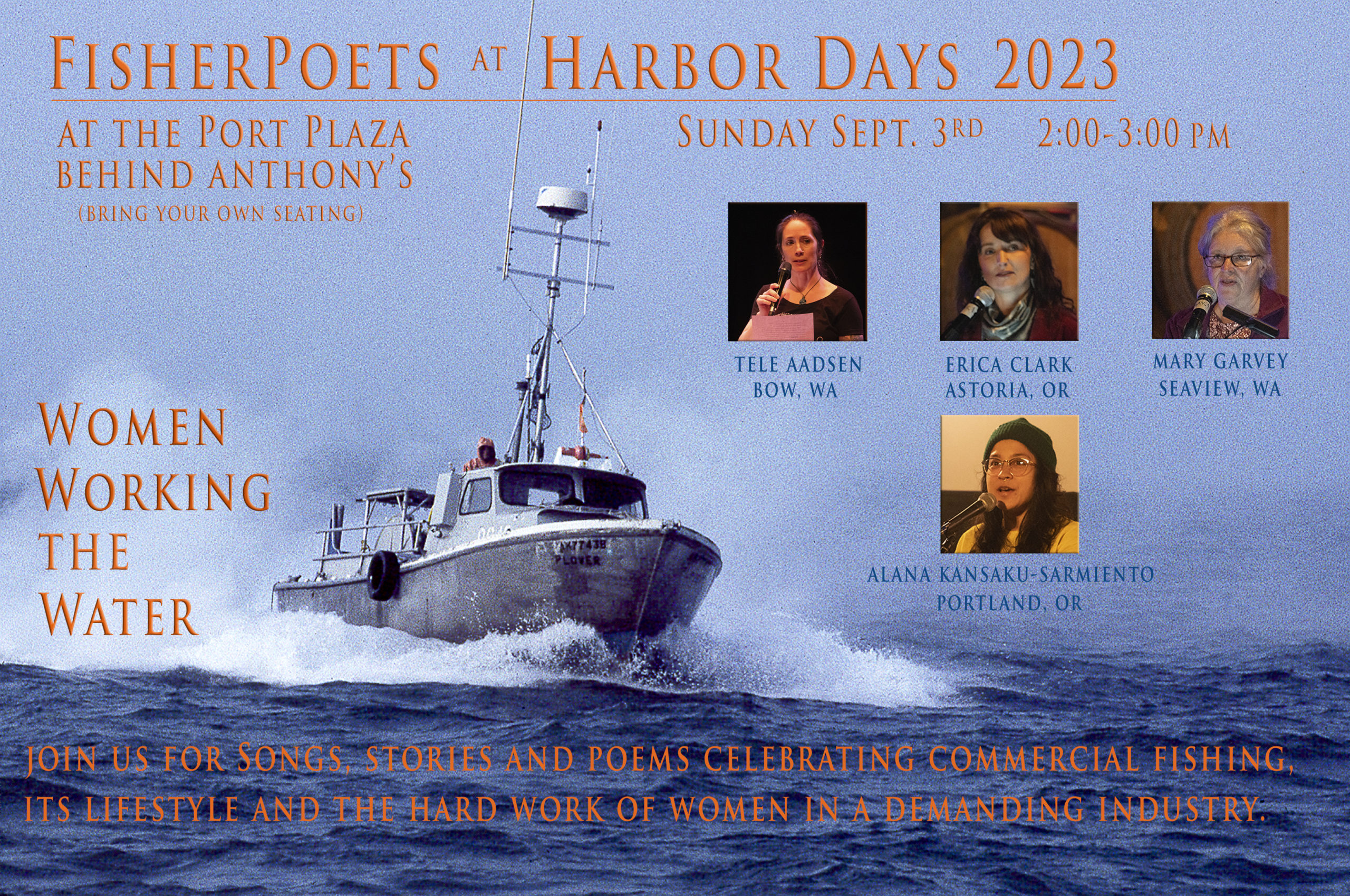 Image of a small commercial fishing vessel on water, with profile pictures of four peo